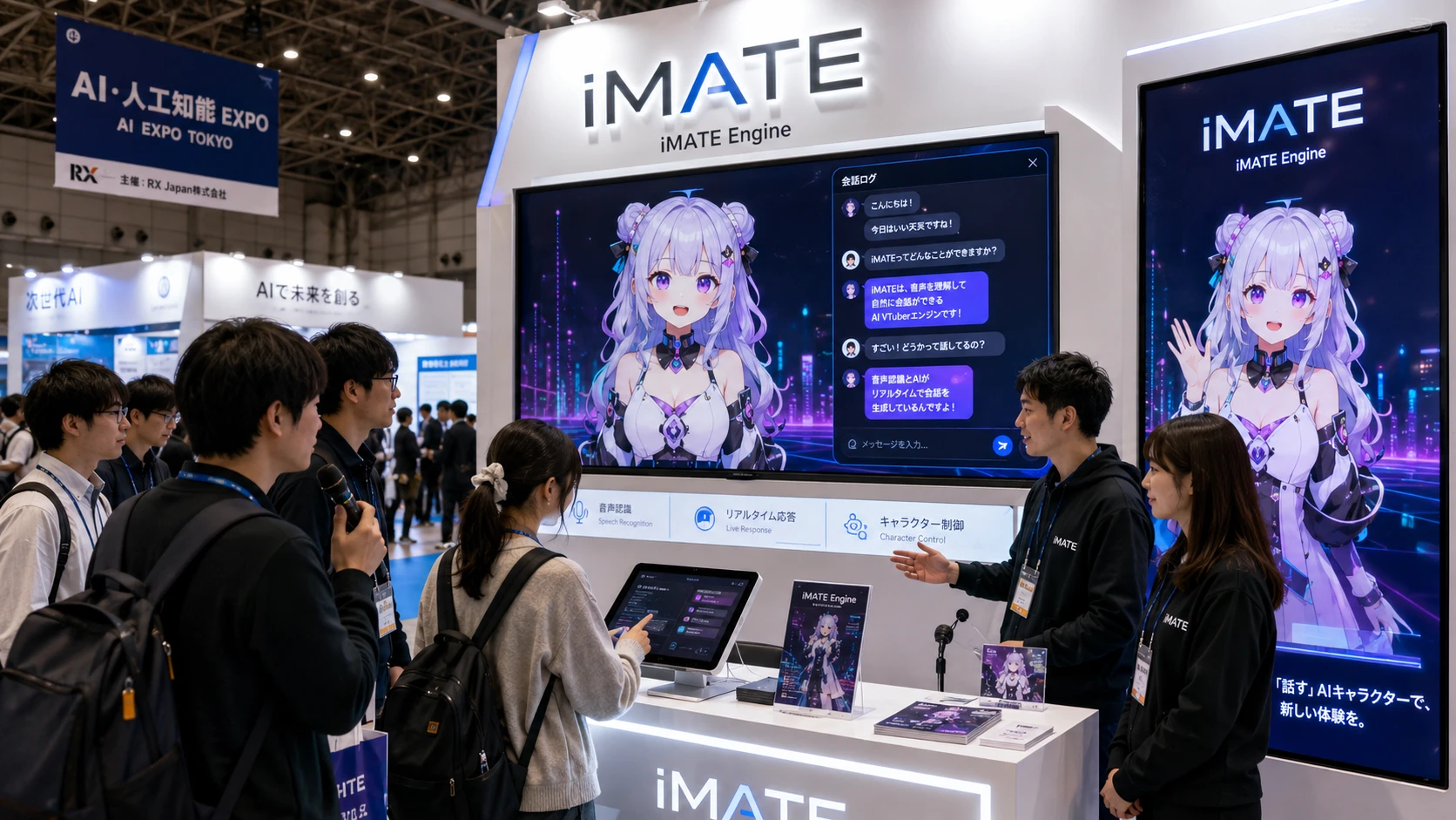 展示会ブースでAIキャラクターが来場者を案内する利用イメージ